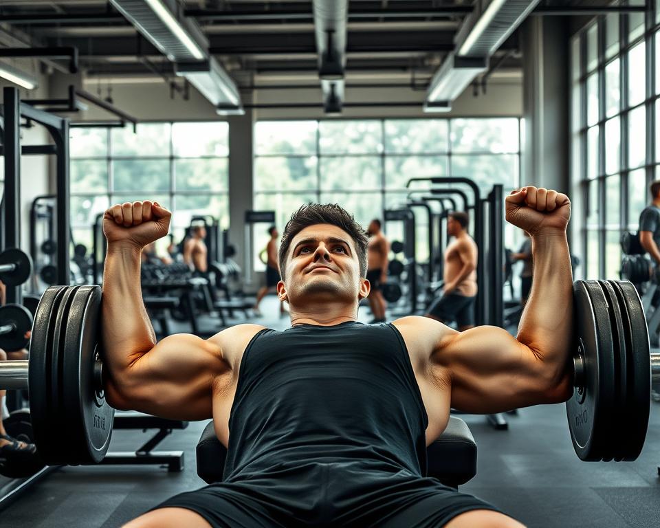 A dynamic gym scene illustrating "Maximalkrafttraining." In the foreground, a determined athlete in professional sports attire performs a heavy bench press, showcasing perfect form and intense focus on their face. Muscles are visibly engaged, capturing the essence of maximal strength training. In the middle ground, a well-equipped gym filled with weights and gym benches sets the environment, with other athletes engaging in various strength training exercises, emphasizing camaraderie and dedication. In the background, large windows allow natural light to flood into the space, creating a bright and motivating atmosphere. The overall mood is one of intensity, determination, and purpose, with a focus on physical achievement and improvement.