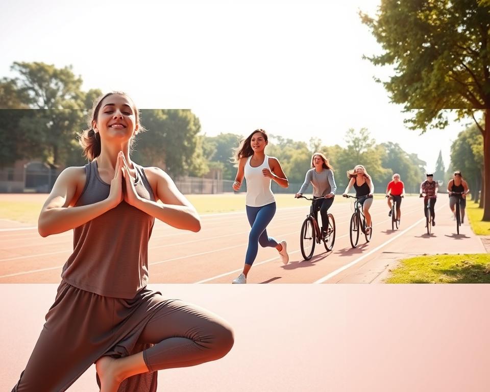 A dynamic, multi-panel scene illustrating suitable sports for menstruation. In the foreground, a woman in modest athletic wear, joyfully engaging in yoga, her posture portraying grace and relaxation, surrounded by a soft, serene atmosphere. In the middle ground, another woman dressed in comfortable workout clothes is running on a brightly lit track, embodying energy and determination. Further back, a group of diverse individuals are joyfully participating in light cycling along a scenic park path, showcasing inclusivity and vitality. Use natural lighting to create a warm ambiance, enhancing the overall feeling of positivity and empowerment. The scene should be captured with a wide-angle lens, allowing for a panoramic view that highlights both individual activities and the beauty of the environment, evoking a sense of encouragement and support during the menstrual cycle.