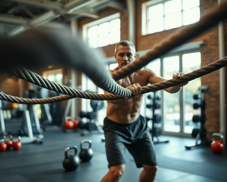 A dynamic scene featuring a fit individual performing Battle Rope exercises in a well-lit gym environment. The foreground shows the person, a middle-aged man, in modest athletic gear, energetically engaging with the heavy ropes, creating visible waves. In the middle ground, various gym equipment like dumbbells and kettlebells are slightly blurred to keep the focus on the exercise. The background reveals large windows letting in natural light, enhancing the ambiance and energy of the space. The lighting is bright and inviting, with a warm, motivational atmosphere. The angle is slightly low, emphasizing the action and intensity of the exercise, capturing the essence of full-body training and the benefits it offers.