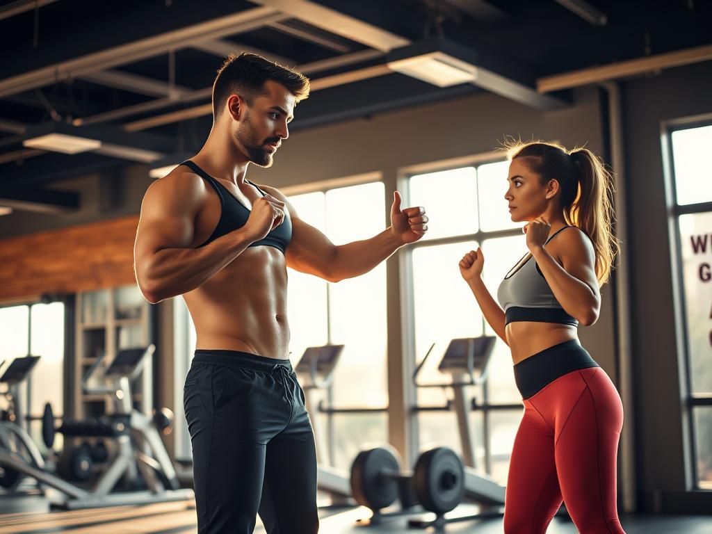 A fit, athletic personal trainer guiding a determined client through an effective weight loss workout in a modern, well-equipped gym. Warm, natural lighting from large windows illuminates the scene. The trainer, in sleek workout attire, demonstrates proper form as the client, in comfortable activewear, follows their lead. The background features state-of-the-art fitness equipment and motivational wall decals. An atmosphere of camaraderie and mutual support emanates from the image, reflecting the benefits of working with a personal trainer to achieve weight loss goals.