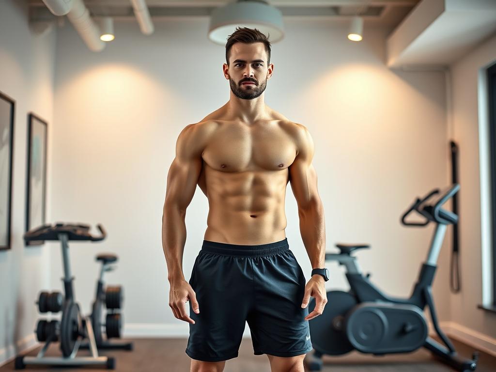 A fit personal trainer, dressed in activewear, stands confidently in a modern, well-equipped home gym. Warm, directional lighting highlights their chiseled physique and attentive expression, conveying expertise and motivation. In the middle ground, various workout equipment, including free weights and a stationary bike, suggest a tailored training regime. The background features minimalist decor, clean lines, and neutral tones, creating a calm, professional atmosphere conducive to personal transformation. The overall scene captures the essence of a knowledgeable, dedicated personal trainer who can help the viewer achieve their fitness goals.