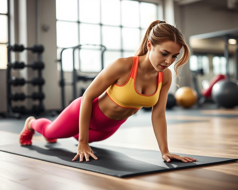 A fit woman in a modern gym, demonstrating core exercises for a six-pack abdomen. She has an athletic build, wearing a stylish yet modest workout outfit, consisting of a fitted tank top and high-waisted leggings in vibrant colors. In the foreground, she is executing a plank position on an exercise mat, showcasing her well-defined abs. The background features gym equipment like weights and stability balls, adding depth to the scene. The lighting is bright and focused, casting soft shadows that highlight her form and determination. The atmosphere is energetic and motivating, emphasizing a healthy lifestyle and dedication to fitness. The image is framed from a low angle to capture the strength and effort in her posture.