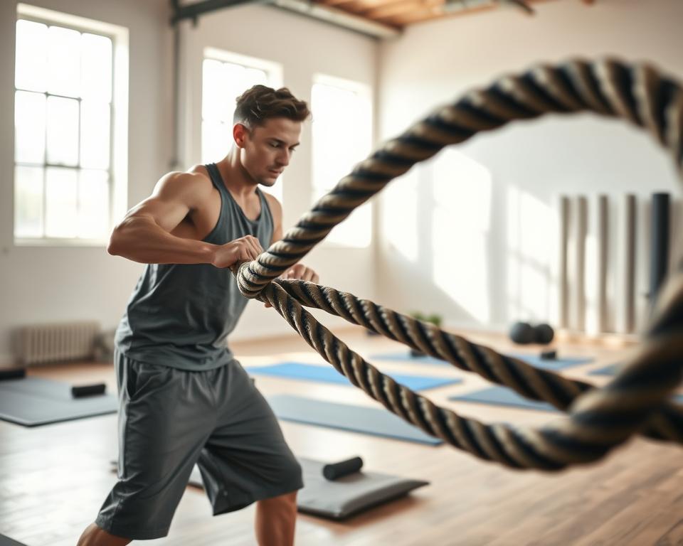 A fitness scene capturing the dynamic movement of battle ropes. In the foreground, a determined individual dressed in modest athletic wear is engaged in an intense battle rope exercise, the ropes undulating in rhythmic waves. The middle ground features an open gym environment with wooden flooring and exercise mats scattered around, evoking a sense of energy and focus. In the background, soft natural light streams through large windows, illuminating the space and creating a warm, inviting atmosphere. Capture the action from a slightly low angle to emphasize the intensity of the workout and the dramatic curves of the ropes. The overall mood is motivational and energetic, showcasing the essence of full-body training for beginners.