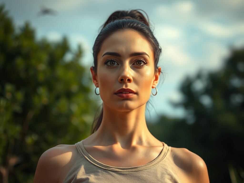 A focused, determined woman stands in a serene, nature-inspired setting, exuding an aura of mental fortitude and inner strength. Her gaze is steadfast, her posture upright, as she embarks on her wellness journey without the need for surgical intervention. The soft, diffused lighting illuminates her face, highlighting her determination and resolve. In the background, lush greenery and a calming sky create a soothing, introspective atmosphere, reflecting the mental discipline and self-empowerment central to her path to a healthier, more confident self.