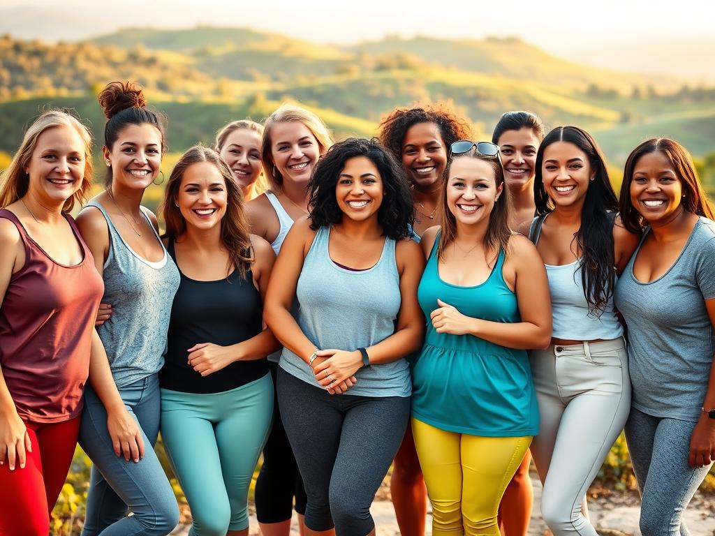 A group of diverse, smiling women of various ages, shapes, and ethnicities posing together in a relaxed, natural setting. Warm, soft lighting casts a glow on their faces, highlighting their renewed confidence and joy. They wear comfortable, sporty attire that accentuates their healthy, glowing skin. The background features a lush, verdant landscape with rolling hills, creating a serene and tranquil atmosphere. The scene conveys a sense of camaraderie, empowerment, and the transformative power of the weight loss program, inspiring viewers to embark on their own successful journeys.