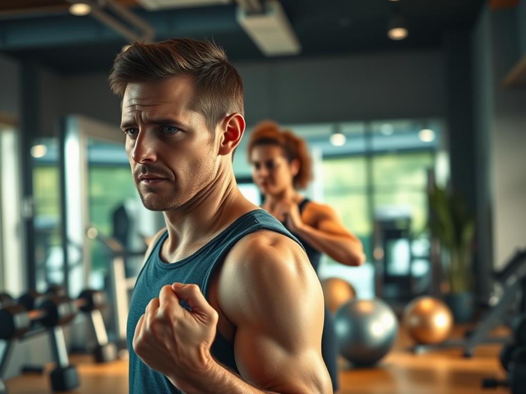 A gym interior with soft, warm lighting, showcasing a person performing strength training exercises despite visible muscle soreness. The foreground depicts the subject intently working out, facial expression conveying both discomfort and determination. The middle ground features various fitness equipment like dumbbells, resistance bands, and a stability ball. The background subtly blurs into a serene, peaceful ambiance, hinting at the mental resilience required to push through post-workout muscle ache. The overall scene evokes a sense of perseverance, the human body's resilience, and the rewards of disciplined training, even in the face of physical discomfort. A gym interior with soft, warm lighting, showcasing a person performing strength training exercises despite visible muscle soreness. The foreground depicts the subject intently working out, facial expression conveying both discomfort and determination. The middle ground features various fitness equipment like dumbbells, resistance bands, and a stability ball. The background subtly blurs into a serene, peaceful ambiance, hinting at the mental resilience required to push through post-workout muscle ache. The overall scene evokes a sense of perseverance, the human body's resilience, and the rewards of disciplined training, even in the face of physical discomfort.