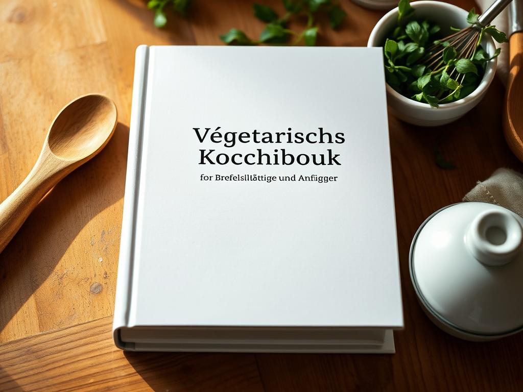 A hardcover vegetarian cookbook with a minimalist cover design, sitting on a wooden table. The book has a simple title "Vegetarisches Kochbuch für Berufstätige und Anfänger" printed in a clean, modern font. The table is surrounded by various cooking utensils like a wooden spoon, a whisk, and a ceramic bowl filled with fresh herbs. Warm, natural lighting illuminates the scene, creating a cozy and inviting atmosphere. The overall composition emphasizes the simplicity and practicality of the cookbook, reflecting the "Grundausstattung für Ihre Küche" section. A hardcover vegetarian cookbook with a minimalist cover design, sitting on a wooden table. The book has a simple title "Vegetarisches Kochbuch für Berufstätige und Anfänger" printed in a clean, modern font. The table is surrounded by various cooking utensils like a wooden spoon, a whisk, and a ceramic bowl filled with fresh herbs. Warm, natural lighting illuminates the scene, creating a cozy and inviting atmosphere. The overall composition emphasizes the simplicity and practicality of the cookbook, reflecting the "Grundausstattung für Ihre Küche" section.