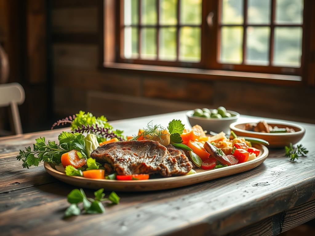 A high-quality, freshly-prepared organic meal laid out on a rustic wooden table, illuminated by warm natural lighting filtering through a large window. The dish features a variety of vibrant, wholesome ingredients - tender meat, flavorful vegetables, and a visually-appealing arrangement. The scene conveys a sense of health, nourishment, and culinary craftsmanship, reflecting the superior quality and holistic approach to the "bio fertiggerichte" concept. The composition is balanced, with the food as the central focus, surrounded by a minimalist, earthy background that enhances the natural aesthetic.