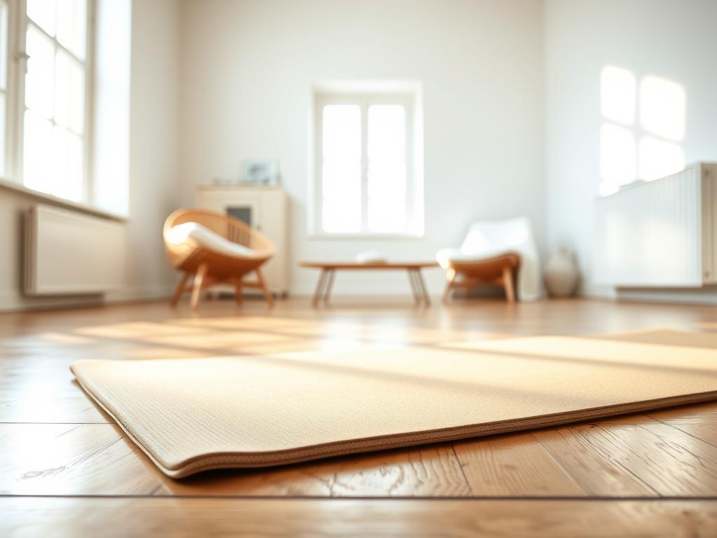 A high-quality yoga mat resting on a wooden floor, sunlight streaming in from a large window, casting a warm, natural glow. The mat is made of thick, cushiony material in a subtle, earthy tone, providing excellent traction and support for a variety of yoga poses. In the background, a minimalist, Scandinavian-inspired room with white walls and simple, clean-lined furniture, creating a serene, calming atmosphere. The overall scene conveys a sense of tranquility and focus, perfectly complementing the "Bekleidung und Zubehör für dein Workout" section of the fitness-focused article.