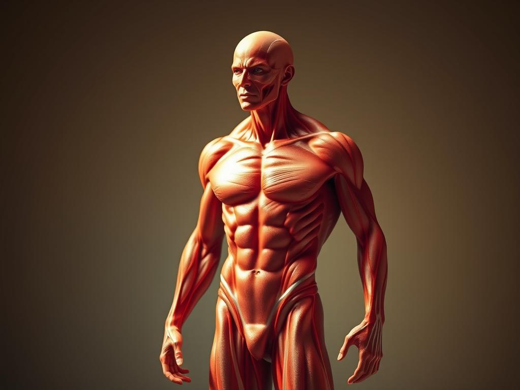 A human muscular system in the process of regeneration, with well-defined muscle fibers and a glowing, energetic aura. The figure stands in a dynamic pose, muscles rippling with power and vitality. The background is a soft, blurred gradient, allowing the subject to be the focal point. Warm, natural lighting illuminates the scene, casting subtle shadows that accentuate the musculature. The overall atmosphere conveys a sense of strength, resilience, and the body's innate ability to rebuild and renew itself.