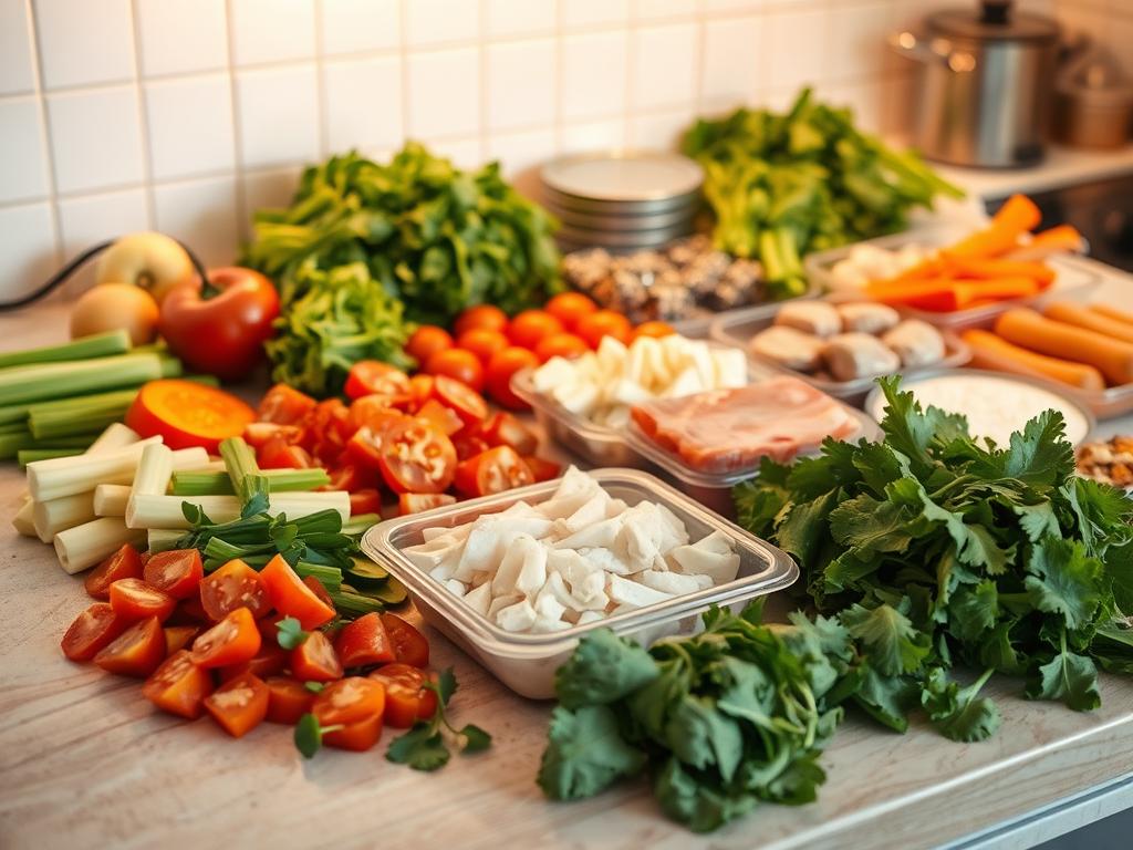 A kitchen countertop filled with an assortment of freshly prepared ingredients - sliced vegetables, portioned proteins, and pre-washed greens. The lighting is warm and inviting, casting a soft glow over the scene. The camera angle is slightly elevated, allowing the viewer to take in the organized layout and appreciate the ease of assembly. The overall mood is one of efficiency and simplicity, conveying the convenience of "Bulk-Prep ohne Kochen" - a meal preparation method that prioritizes fresh, wholesome components without the hassle of extensive cooking. The image should inspire the viewer to consider adopting this streamlined approach to their own culinary endeavors.