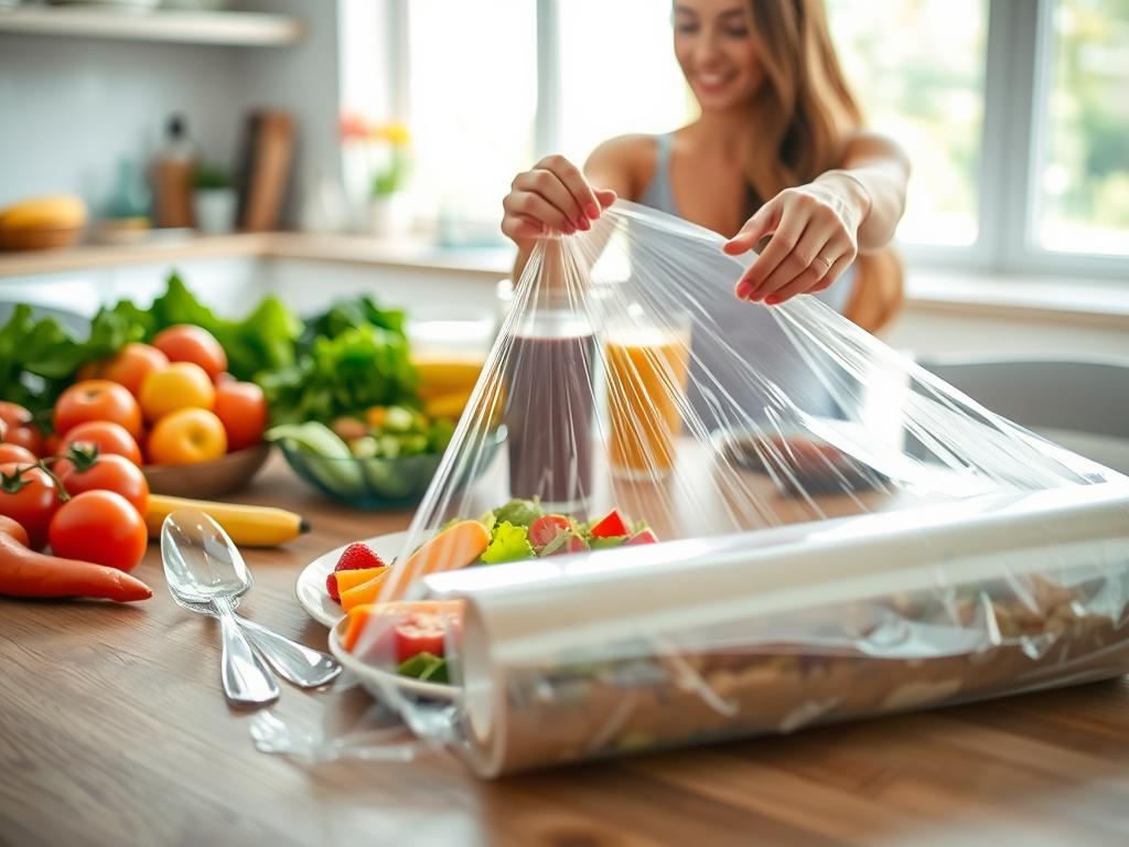 A kitchen table set with a variety of fresh vegetables, fruits, and a roll of clear plastic wrap. The lighting is natural and soft, creating a warm, inviting atmosphere. In the foreground, the plastic wrap is being carefully unrolled, with a woman's hands gently stretching it over a plate of cut produce. The middle ground features a selection of healthy meal options, such as a salad, a smoothie, and a sandwich, all wrapped in the plastic wrap. The background showcases a bright, airy kitchen with windows letting in plenty of natural light. The overall scene conveys the idea of using plastic wrap as a tool for portion control and healthy eating during the weight loss journey.