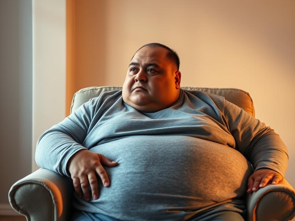 A large, overweight person sitting in a comfortable chair, deep in contemplation. Their expression is one of concern and introspection, as they consider their struggle with obesity. The lighting is soft and warm, creating a sense of intimacy and vulnerability. In the background, a neutral, minimalist setting with muted colors, allowing the subject to remain the focal point. The overall atmosphere conveys the complexity and weight of the issue of obesity, prompting reflection on the importance of effective guidance and support.