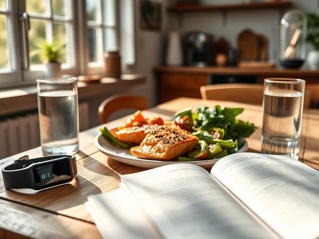 A light-filled kitchen scene with a healthy meal of grilled salmon, roasted vegetables, and a glass of water on a rustic wooden table. In the foreground, a fitness tracker and an open book about intermittent fasting rest next to the plate, conveying the idea of a balanced, mindful approach to weight loss. Soft natural lighting streams in through large windows, creating a warm, inviting atmosphere. The overall composition emphasizes the harmony between nutrition, technology, and well-being, reflecting the theme of "Ernährungstrends für effektives Abnehmen". A light-filled kitchen scene with a healthy meal of grilled salmon, roasted vegetables, and a glass of water on a rustic wooden table. In the foreground, a fitness tracker and an open book about intermittent fasting rest next to the plate, conveying the idea of a balanced, mindful approach to weight loss. Soft natural lighting streams in through large windows, creating a warm, inviting atmosphere. The overall composition emphasizes the harmony between nutrition, technology, and well-being, reflecting the theme of "Ernährungstrends für effektives Abnehmen".