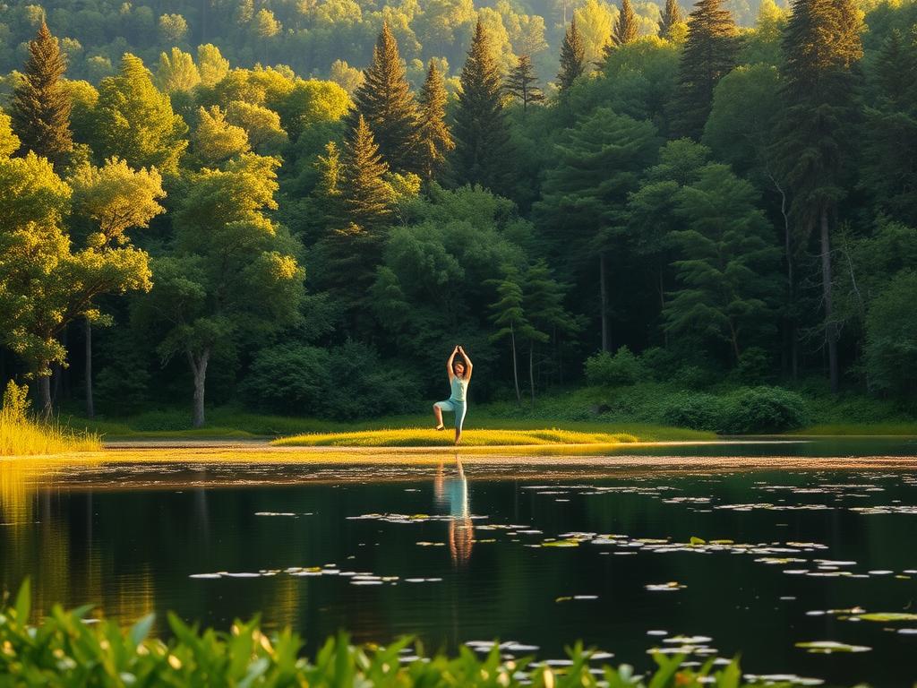 A lush, verdant landscape with a serene lake or pond in the foreground, surrounded by a dense forest of towering trees. In the middle ground, a person engaged in gentle exercise, perhaps yoga or tai chi, emanating a sense of tranquility and balance. The scene is bathed in warm, natural lighting, creating a calming, meditative atmosphere. The overall mood evokes a holistic, sustainable approach to health and weight management, in harmony with the natural world.