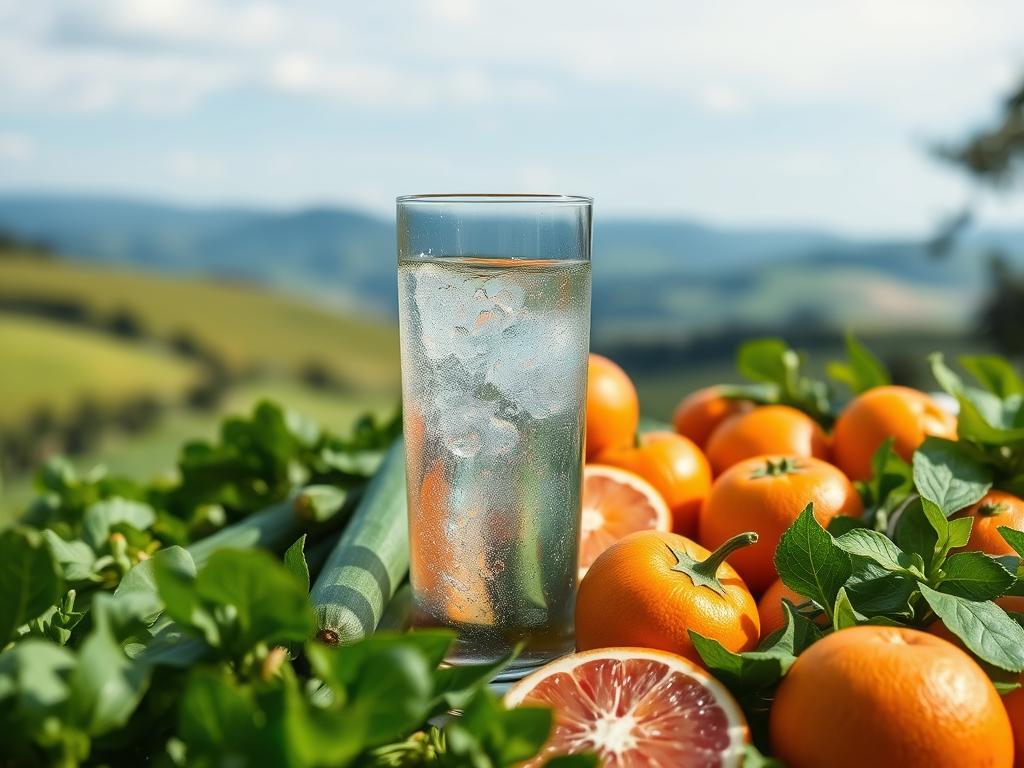 A lush, verdant scene depicting the importance of hydration in preventive nutrition. In the foreground, a glass of clear, sparkling water takes center stage, its surface reflecting the soft, natural lighting. In the middle ground, an abundance of fresh, vibrant fruits and vegetables - juicy oranges, crisp cucumbers, leafy greens - symbolizing the nutritious, hydrating elements of a healthy diet. The background features a serene, pastoral landscape with rolling hills and a tranquil blue sky, creating a sense of calm and balance. The overall mood is one of wellness, vitality, and the harmonious relationship between proper hydration and preventive nutrition.