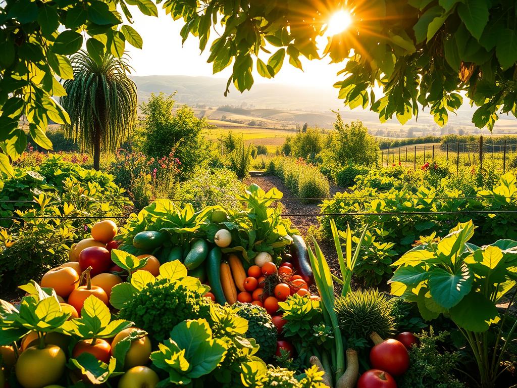 A lush, vibrant garden filled with an abundance of diverse plant life, bathed in warm, golden sunlight that filters through the canopy of verdant foliage. In the foreground, an array of colorful fruits and vegetables are prominently displayed, their shapes and textures inviting the viewer to experience the richness of a plant-based diet. The middle ground features a harmonious mix of leafy greens, hearty roots, and flowering plants, all thriving in a well-tended, sustainable ecosystem. In the background, a serene, pastoral landscape unfolds, with rolling hills and a distant horizon, conveying a sense of balance and harmony between nature and human cultivation. The overall scene radiates a feeling of vitality, nourishment, and a deep connection to the earth, capturing the essence of a sustainable, plant-centric approach to food and lifestyle.