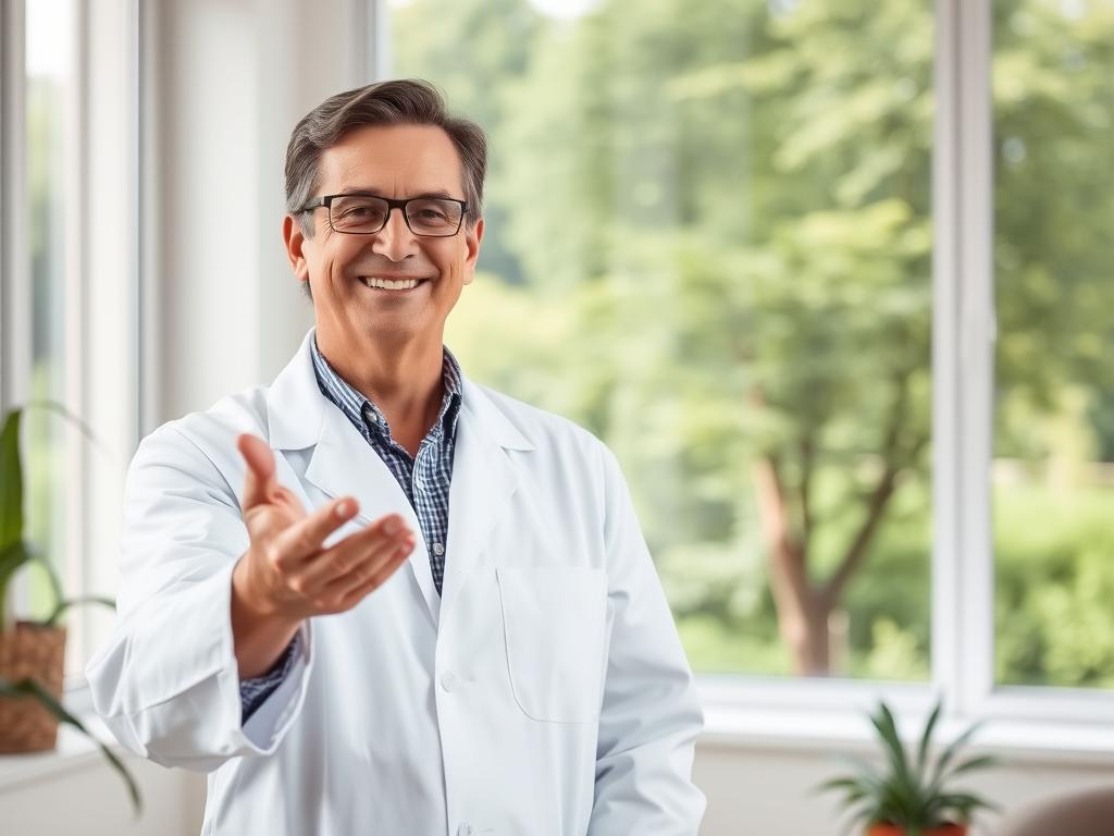 A middle-aged man in a white lab coat stands confidently in a bright, airy office. His expression is warm and welcoming as he gestures towards the viewer, ready to provide expert guidance. In the background, a large window overlooks a verdant landscape, symbolizing a holistic, nature-inspired approach to health and wellness. Soft, natural lighting illuminates the scene, creating a calming, professional atmosphere. The man's posture and demeanor convey a sense of empathy and understanding, making him an approachable and trustworthy nutrition advisor for those seeking support in managing obesity.