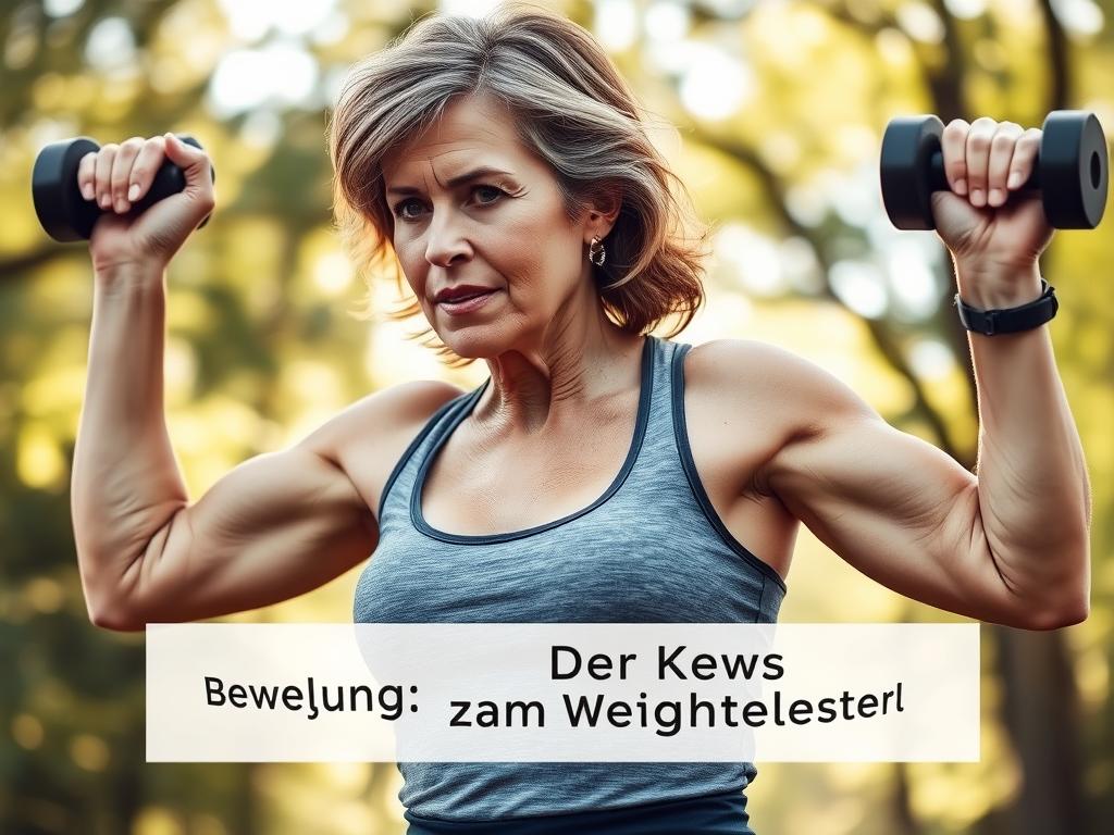 A middle-aged woman exercising outdoors, her face determined as she lifts weights. The background is a park or forest, with dappled sunlight filtering through the trees. The lighting is warm and natural, accentuating her toned physique. She wears comfortable, moisture-wicking workout attire in shades of gray and blue. The scene conveys a sense of empowerment, health, and the joy of physical activity, reflecting the theme of "Bewegung: Der Schlüssel zum Gewichtsverlust". A middle-aged woman exercising outdoors, her face determined as she lifts weights. The background is a park or forest, with dappled sunlight filtering through the trees. The lighting is warm and natural, accentuating her toned physique. She wears comfortable, moisture-wicking workout attire in shades of gray and blue. The scene conveys a sense of empowerment, health, and the joy of physical activity, reflecting the theme of "Bewegung: Der Schlüssel zum Gewichtsverlust".