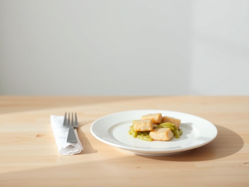 A minimalist, well-lit still life scene depicting a sparse, simple meal. In the foreground, a plain white plate holds a small portion of food, perhaps a lean protein and steamed vegetables. The tabletop is made of light-colored wood, with a simple white napkin neatly folded beside the plate. The background is blurred, allowing the focus to remain on the modest, carefully composed meal. Soft, diffused natural lighting illuminates the scene, creating a sense of simplicity and mindfulness. The overall mood is one of calm, restraint, and thoughtful nourishment, conveying the essence of "eating less" for weight loss.