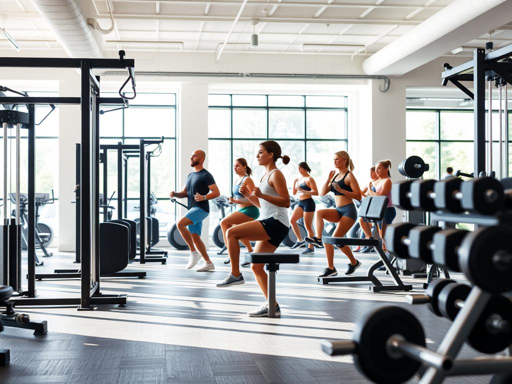 A modern, well-equipped gym interior with a focus on the lower body training area. The foreground features various exercise machines and free weights designed for leg workouts, such as squat racks, leg presses, and dumbbells. Midground showcases a group of motivated individuals engaged in intense leg exercises, their faces determined and bodies in motion. The background depicts a bright, open space with large windows allowing natural light to flood the room, creating a sense of energy and positivity. The overall atmosphere conveys a combination of physical challenge and mental fortitude, inspiring gym-goers to push their limits and achieve their fitness goals.