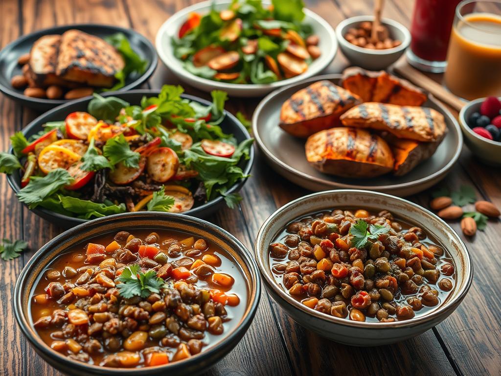 Fitness Gerichte bestellen - Einfach & Gesund! - Ernährung & Rezepte - A mouthwatering spread of muscle building fitness dishes arranged artfully on a rustic wooden 1 1