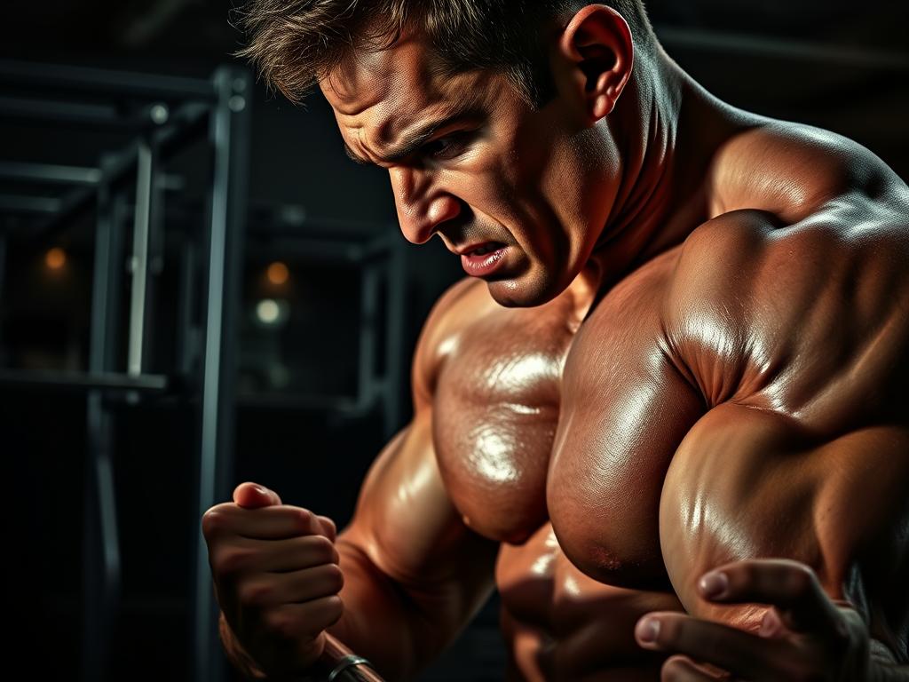 A muscular athlete performing an intense weight training exercise, sweat glistening on their toned physique. The foreground depicts the close-up of the strained muscles, the deep furrowed brow, and the tightened facial expression conveying the physical exertion. The mid-ground showcases the powerful, defined limbs in motion, the barbell or dumbbell gripped with determination. The background is dimly lit, with hints of a gym environment - metal racks, mirrors, and a sense of focused intensity. Dramatic side lighting casts dynamic shadows, emphasizing the contours of the musculature. The overall atmosphere evokes the feeling of an effective, challenging workout that could induce muscle soreness, a sign of muscle growth. A muscular athlete performing an intense weight training exercise, sweat glistening on their toned physique. The foreground depicts the close-up of the strained muscles, the deep furrowed brow, and the tightened facial expression conveying the physical exertion. The mid-ground showcases the powerful, defined limbs in motion, the barbell or dumbbell gripped with determination. The background is dimly lit, with hints of a gym environment - metal racks, mirrors, and a sense of focused intensity. Dramatic side lighting casts dynamic shadows, emphasizing the contours of the musculature. The overall atmosphere evokes the feeling of an effective, challenging workout that could induce muscle soreness, a sign of muscle growth.