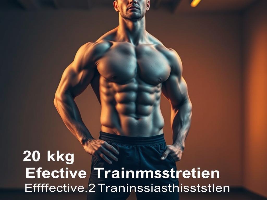 A muscular, fit individual stands confidently, wearing tight athletic clothing that highlights their toned physique. The lighting is warm and directional, casting dramatic shadows that accentuate the contours of their body. The background is blurred, with a minimalist, modern setting that conveys a sense of focus and determination. The overall mood is one of achievement, strength, and a sense of personal transformation. The image reflects the subject of "20 kg in 2 Monaten" and the section title "Effektive Trainingsstrategien", showcasing the results of an effective exercise regimen.