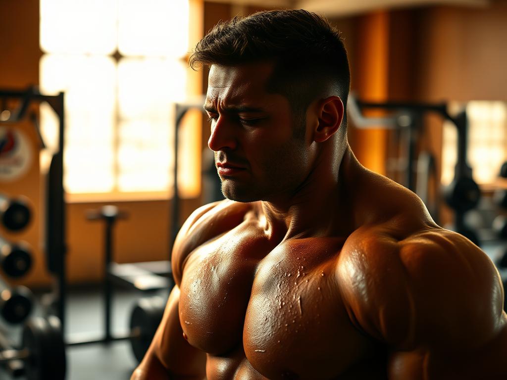 A muscular person engaged in a strenuous workout, with beads of sweat glistening on their skin. In the background, a gym setting with weight racks, exercise equipment, and a motivating atmosphere. Warm, directional lighting casts dramatic shadows, emphasizing the strain and effort of the workout. The figure's expression conveys a mix of discomfort and determination, capturing the essence of muscle soreness during the weight loss journey. The overall scene suggests the interplay between muscle fatigue and the pursuit of a healthier, slimmer physique. A muscular person engaged in a strenuous workout, with beads of sweat glistening on their skin. In the background, a gym setting with weight racks, exercise equipment, and a motivating atmosphere. Warm, directional lighting casts dramatic shadows, emphasizing the strain and effort of the workout. The figure's expression conveys a mix of discomfort and determination, capturing the essence of muscle soreness during the weight loss journey. The overall scene suggests the interplay between muscle fatigue and the pursuit of a healthier, slimmer physique.