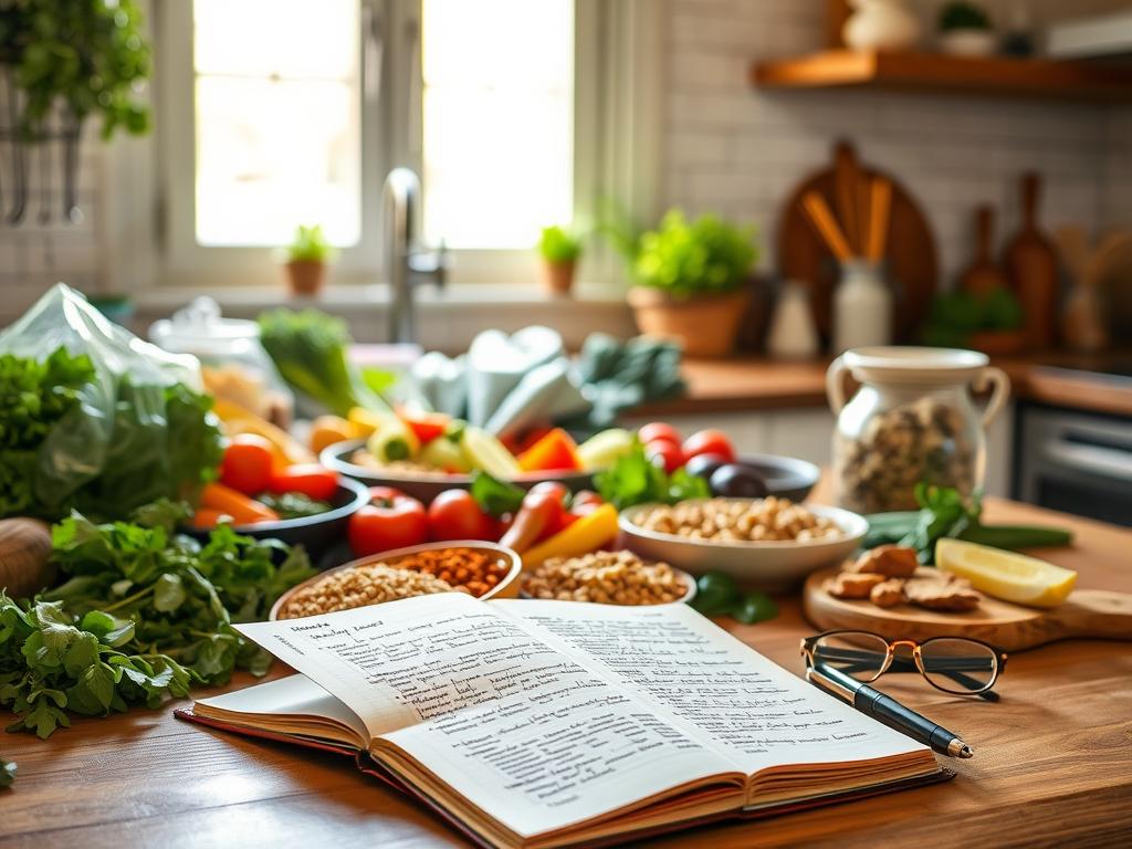 A neatly organized kitchen counter with an assortment of fresh, seasonal ingredients laid out - colorful vegetables, grains, herbs, and healthy proteins. Behind, a bright, airy window lets in natural light, casting a warm glow over the scene. In the foreground, a well-worn recipe book lies open, its pages filled with handwritten notes. A pair of reading glasses and a pen rest nearby, suggesting the thoughtful planning of a week's worth of nutritious, delicious meals. The overall atmosphere conveys a sense of culinary organization, productivity, and a commitment to mindful, balanced eating. A neatly organized kitchen counter with an assortment of fresh, seasonal ingredients laid out - colorful vegetables, grains, herbs, and healthy proteins. Behind, a bright, airy window lets in natural light, casting a warm glow over the scene. In the foreground, a well-worn recipe book lies open, its pages filled with handwritten notes. A pair of reading glasses and a pen rest nearby, suggesting the thoughtful planning of a week's worth of nutritious, delicious meals. The overall atmosphere conveys a sense of culinary organization, productivity, and a commitment to mindful, balanced eating.