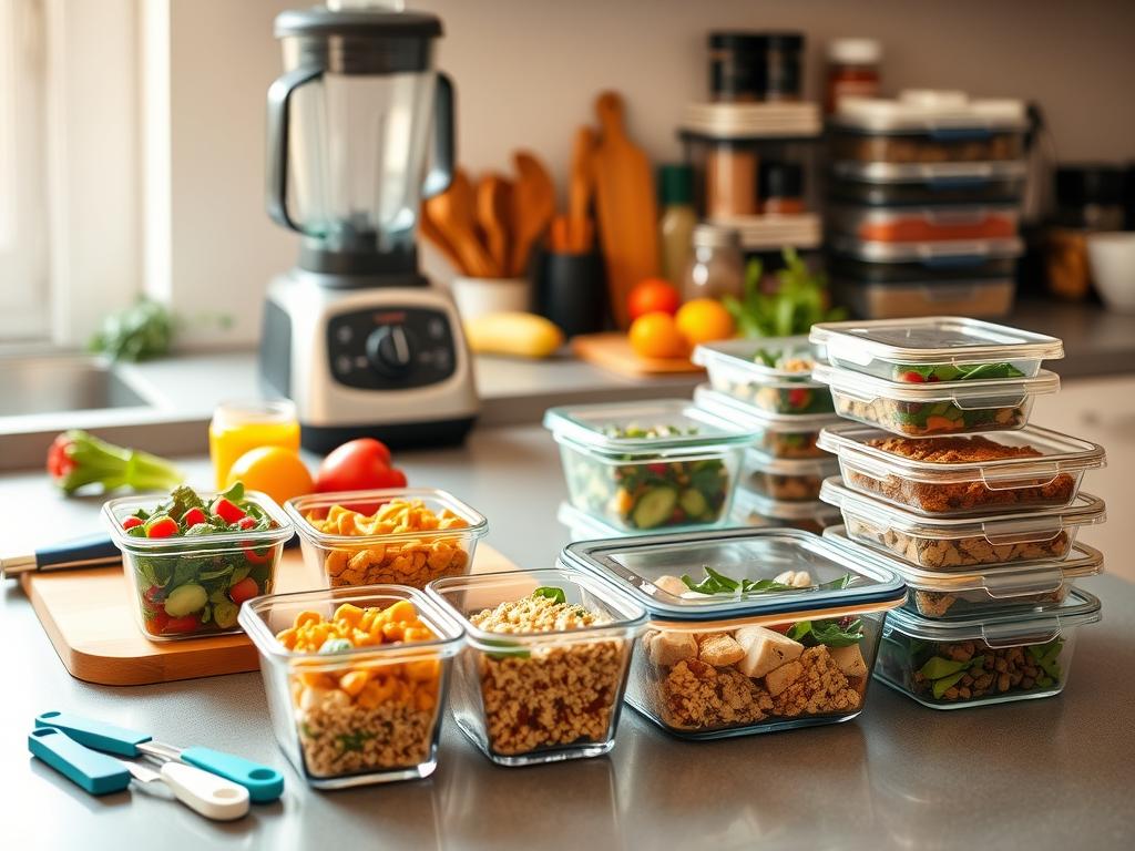 A neatly organized kitchen countertop showcases an assortment of prepped meals. In the foreground, several glass containers filled with portioned-out servings of salads, grains, proteins, and snacks sit alongside a cutting board, a set of color-coded measuring spoons, and a stack of reusable meal prep containers. The middle ground features a high-quality blender, a selection of fresh produce, and a well-stocked spice rack, suggesting a thoughtful approach to meal planning. The background is bathed in warm, natural lighting, creating a cozy, inviting atmosphere conducive to healthy meal preparation. The overall scene conveys a sense of efficiency, organization, and a dedication to maintaining a balanced, nutritious diet.