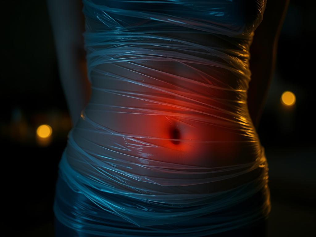 A nighttime scene of a person's stomach wrapped in cling film (Frischhaltefolie), lit by a soft, warm glow. The cling film clings tightly to the skin, creating a smooth, almost translucent appearance. The lighting is subtle, creating a sense of intimacy and focus on the midsection. The background is blurred, allowing the viewer to concentrate on the central element. The overall mood is relaxed and meditative, suggesting the restorative effects of this weight loss method.