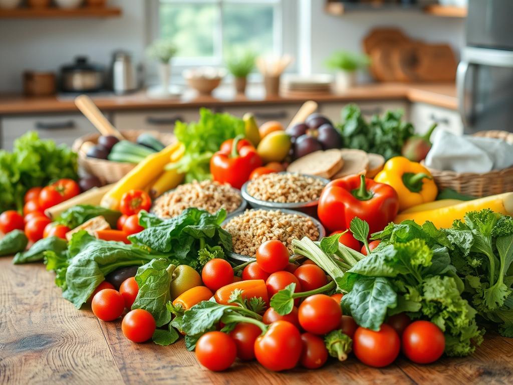 A nourishing feast of fresh, vibrant ingredients laid out on a rustic wooden table. In the foreground, an array of colorful vegetables, including crisp leafy greens, juicy tomatoes, and vibrant bell peppers, arranged in a visually appealing manner. In the middle ground, various whole grains such as quinoa, brown rice, and whole wheat bread, complemented by lean protein sources like grilled chicken or tofu. In the background, a serene kitchen setting with natural lighting filtering in, creating a warm and inviting atmosphere. The overall scene conveys a sense of balance, health, and mindful eating, reflecting the principles of sustainable and long-term dietary success.