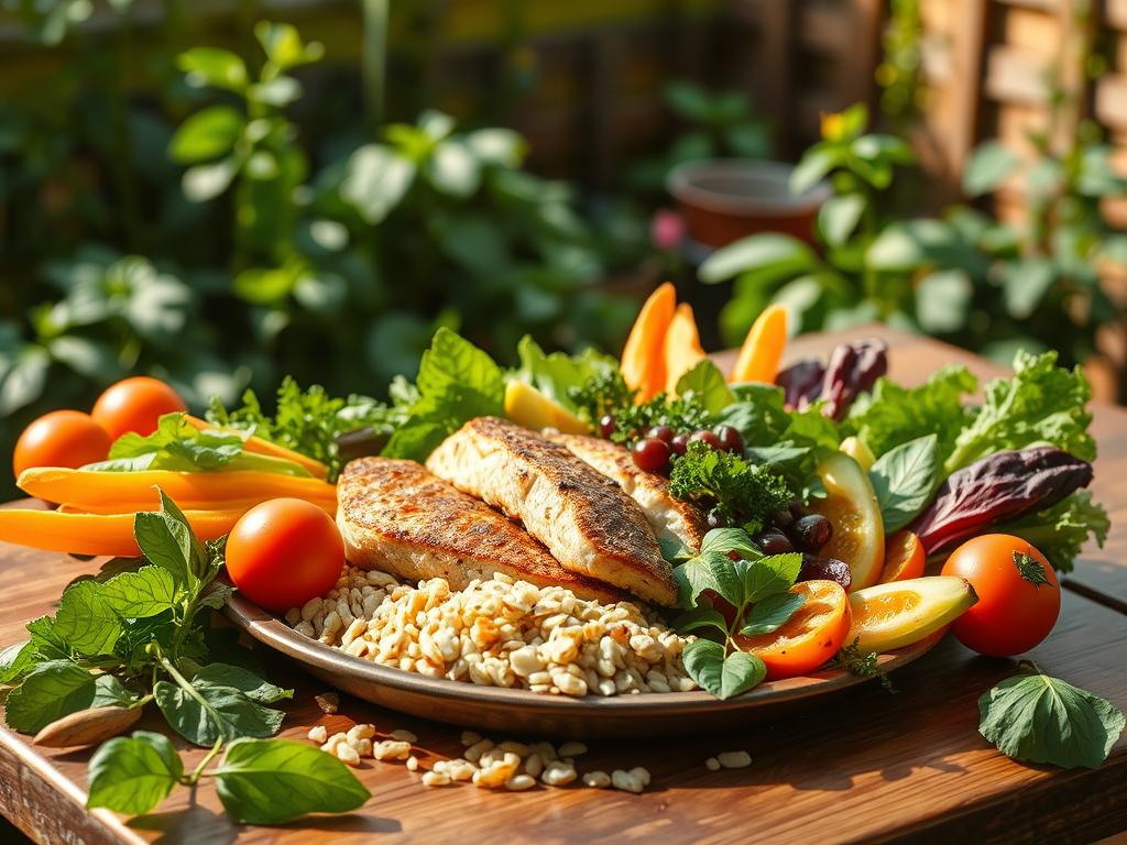A nourishing meal of fresh, vibrant vegetables, grains, and lean protein, artfully arranged on a wooden table. The scene is bathed in soft, natural lighting, accentuating the textures and colors of the ingredients. In the background, a lush, verdant garden serves as a reminder of the connection between the food and the earth. The overall mood is one of balance, wellness, and the importance of mindful, healthy eating.