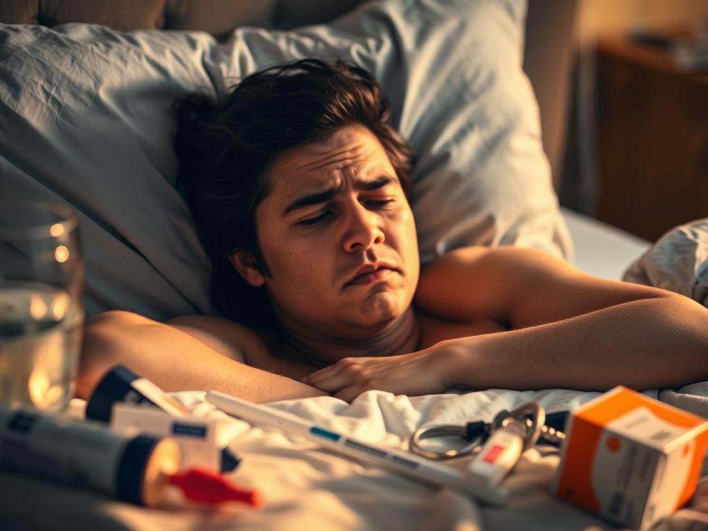 A person lying on a bed, exhausted and fatigued, surrounded by various health-related objects such as a thermometer, a glass of water, and a box of medicine. The lighting is soft and warm, casting a soothing glow on the scene. The person's facial expression conveys discomfort and concern, reflecting the physical struggles associated with rapid weight loss. The background is slightly blurred, creating a sense of focus on the central figure and their symptoms. The overall atmosphere is one of introspection and the challenges of the weight loss journey.