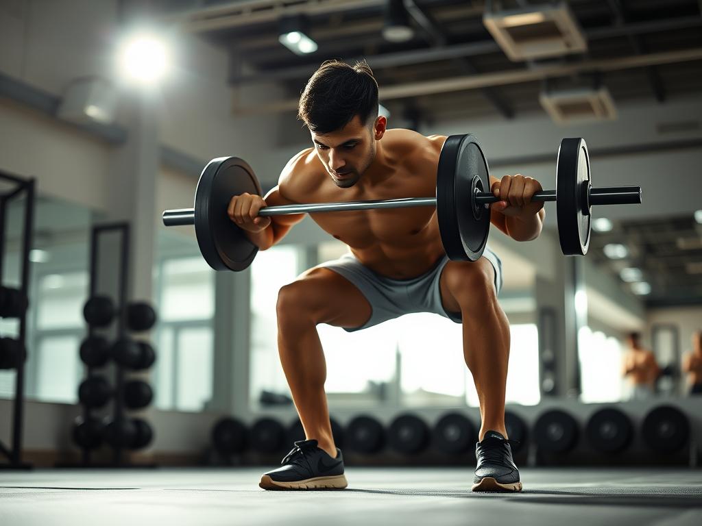 A person performing a weighted squat exercise in a well-lit, modern fitness studio. The subject is positioned in the center of the frame, with a clear view of their proper form and muscle engagement. The background is blurred, placing the focus on the exerciser's technique. Soft, diffused lighting from overhead spotlights creates dramatic shadows and highlights the subject's physique. The angle is slightly elevated, giving a dynamic perspective of the exercise. The overall mood is one of determination, discipline, and the pursuit of physical strength.