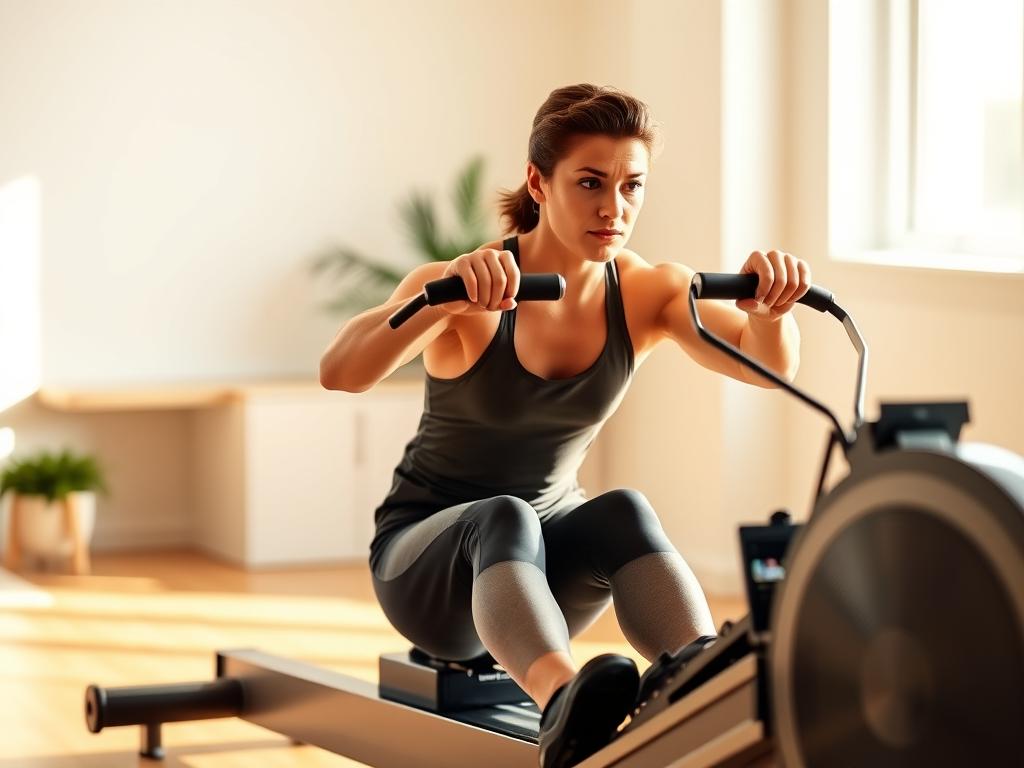 A person rowing on a modern rowing machine in a bright, minimalist home gym. The rower is wearing workout clothes and has a focused, determined expression as they pull the handles, their muscles flexing. The background is clean and uncluttered, with a neutral-colored wall and perhaps a window or potted plant visible. The lighting is warm and natural, creating a sense of energy and productivity. The overall scene conveys the idea of a consistent 30-minute rowing routine leading to weight loss. A person rowing on a modern rowing machine in a bright, minimalist home gym. The rower is wearing workout clothes and has a focused, determined expression as they pull the handles, their muscles flexing. The background is clean and uncluttered, with a neutral-colored wall and perhaps a window or potted plant visible. The lighting is warm and natural, creating a sense of energy and productivity. The overall scene conveys the idea of a consistent 30-minute rowing routine leading to weight loss.