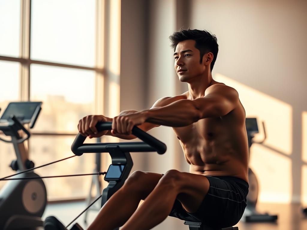 A person rowing on a sleek, state-of-the-art rowing machine in a modern, well-equipped gym. Warm, natural lighting filters through large windows, casting a soft glow on the scene. The rower's muscles are toned and defined, their face focused with determination as they push and pull the handle, propelling the machine forward. The background is minimalist, with just a few other exercise machines visible, creating a sense of solitude and concentration. The overall mood is one of health, fitness, and the rewarding feeling of working towards one's physical goals. A person rowing on a sleek, state-of-the-art rowing machine in a modern, well-equipped gym. Warm, natural lighting filters through large windows, casting a soft glow on the scene. The rower's muscles are toned and defined, their face focused with determination as they push and pull the handle, propelling the machine forward. The background is minimalist, with just a few other exercise machines visible, creating a sense of solitude and concentration. The overall mood is one of health, fitness, and the rewarding feeling of working towards one's physical goals.