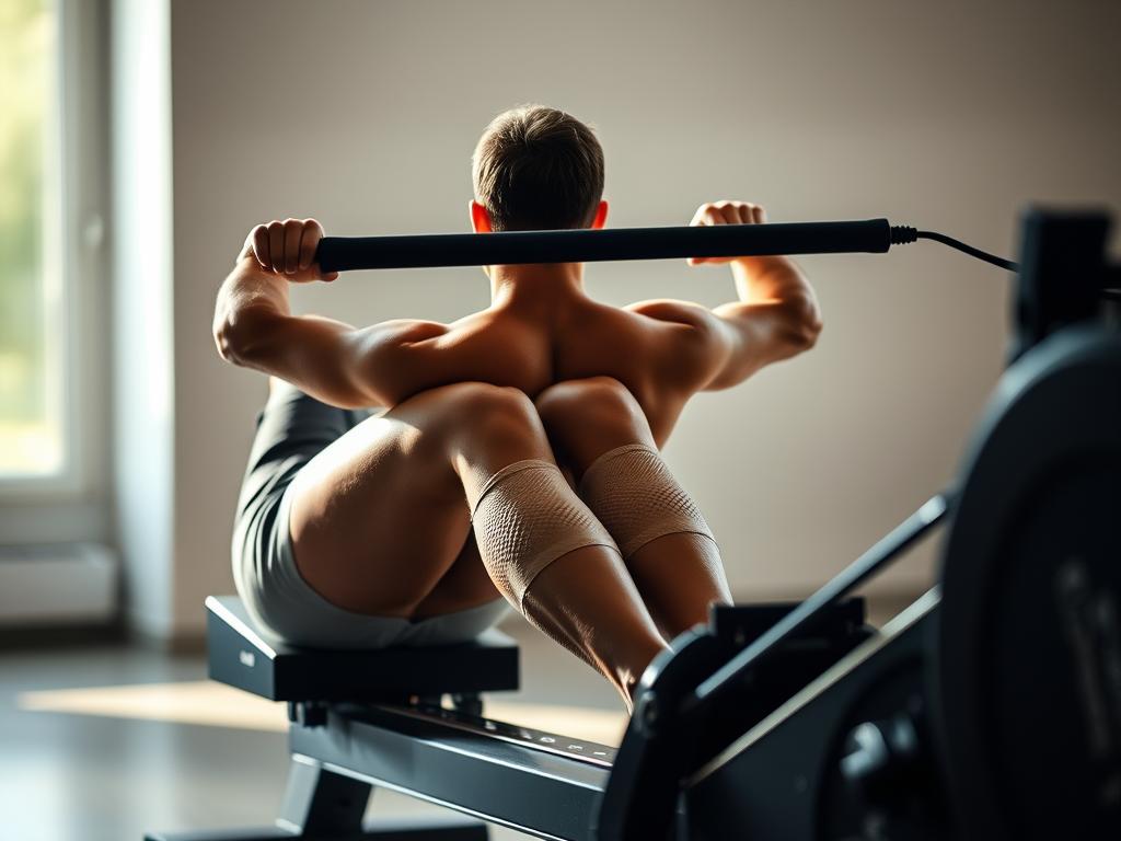 A person seated in a Ruderposition (rowing position) on a rowing machine, their body in perfect alignment, legs extended and back upright, arms pulled back with oars in hand. Soft, natural lighting illuminates the scene, casting subtle shadows that accentuate the individual's muscle definition. The background is blurred, keeping the focus on the rower's technique and form. The overall mood is one of focus, discipline, and the pursuit of physical fitness. A person seated in a Ruderposition (rowing position) on a rowing machine, their body in perfect alignment, legs extended and back upright, arms pulled back with oars in hand. Soft, natural lighting illuminates the scene, casting subtle shadows that accentuate the individual's muscle definition. The background is blurred, keeping the focus on the rower's technique and form. The overall mood is one of focus, discipline, and the pursuit of physical fitness.