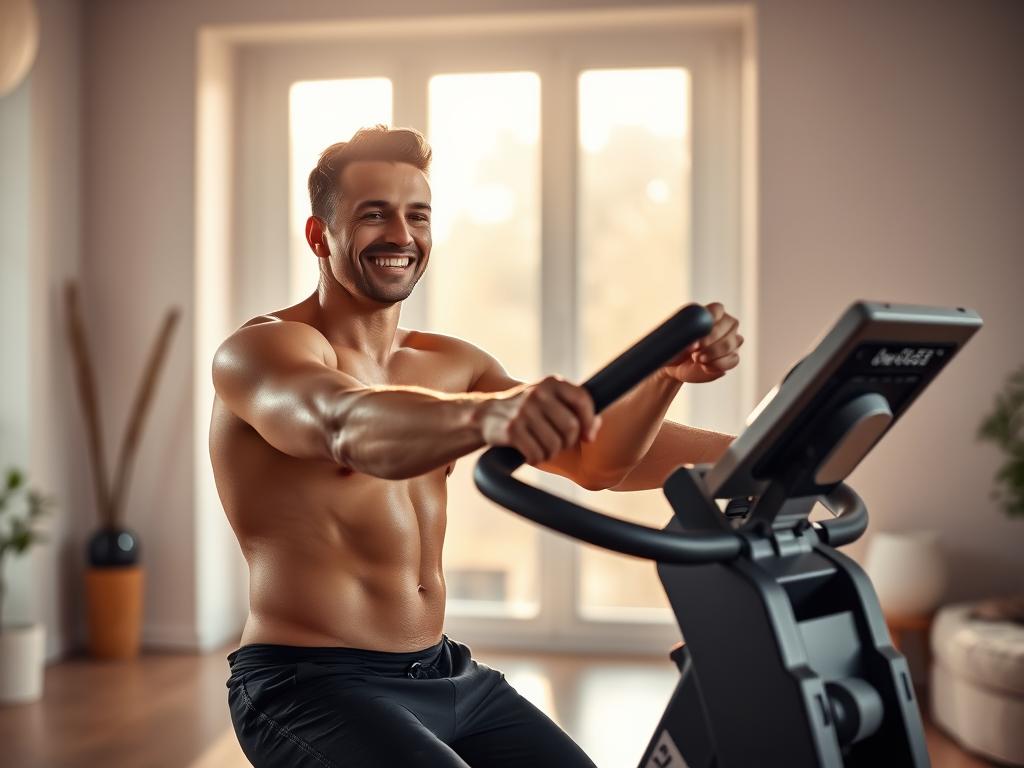 A person using a modern, sleek ergometer in a bright, airy home gym setting. The person is smiling and looks motivated, with sweat glistening on their skin. Warm, natural lighting filters in through large windows, casting a soft glow. The ergometer is positioned prominently in the foreground, its digital display and controls clearly visible. The background features minimalist decor, hinting at the individual's commitment to health and wellness. The overall scene conveys a sense of accomplishment, progress, and the positive experience of using an ergometer for weight loss.