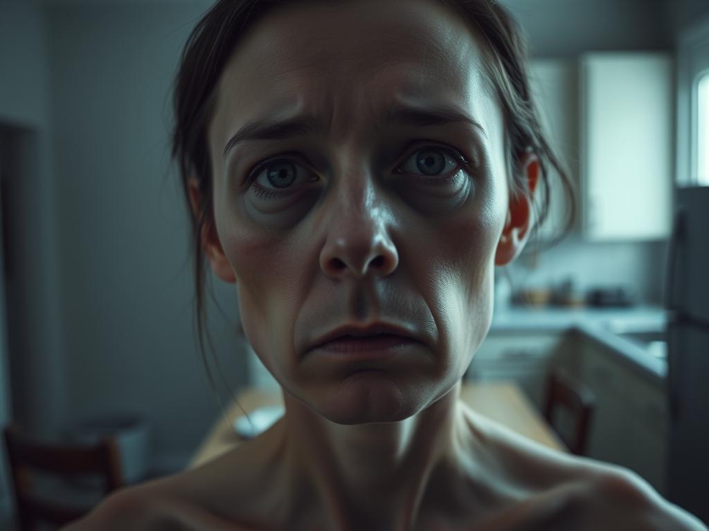 A person's face appears gaunt, with sunken cheeks and darkened eyes, indicating the effects of severe calorie restriction. In the background, a sparse, dimly lit kitchen setting with a few items on a table, conveying a sense of deprivation. Muted, desaturated tones create an atmosphere of unease and unhealthiness. The overall composition suggests the physical and psychological toll of an overly restrictive diet, aligning with the subject of the article's section on the risks of a calorie-deficient diet.