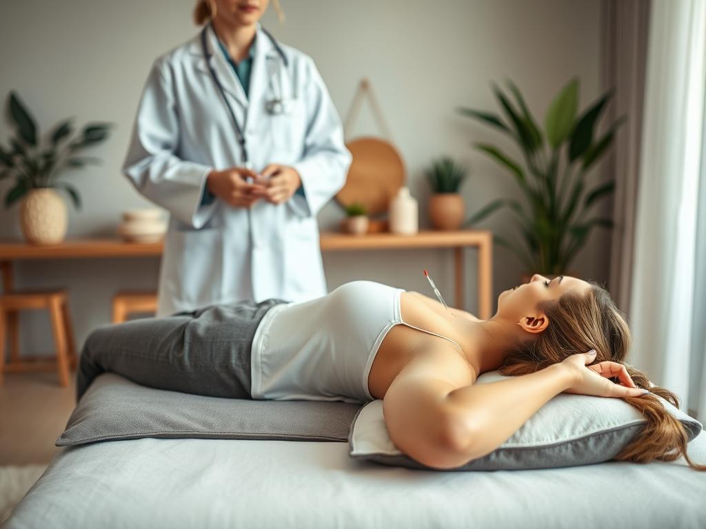 A serene acupuncture clinic setting with a focus on weight loss. In the foreground, a patient resting comfortably on a padded table, their face calm and meditative as thin acupuncture needles are gently inserted into strategic points on their body. The middle ground features a practitioner in a crisp, white lab coat, their hands delicately guiding the placement of the needles. The background showcases a tranquil, minimalist space with soft lighting, soothing earth-toned decor, and calming botanical accents, conveying a sense of holistic wellness. The overall atmosphere is one of relaxation, healing, and the potential for successful, natural weight management through the ancient practice of acupuncture.
