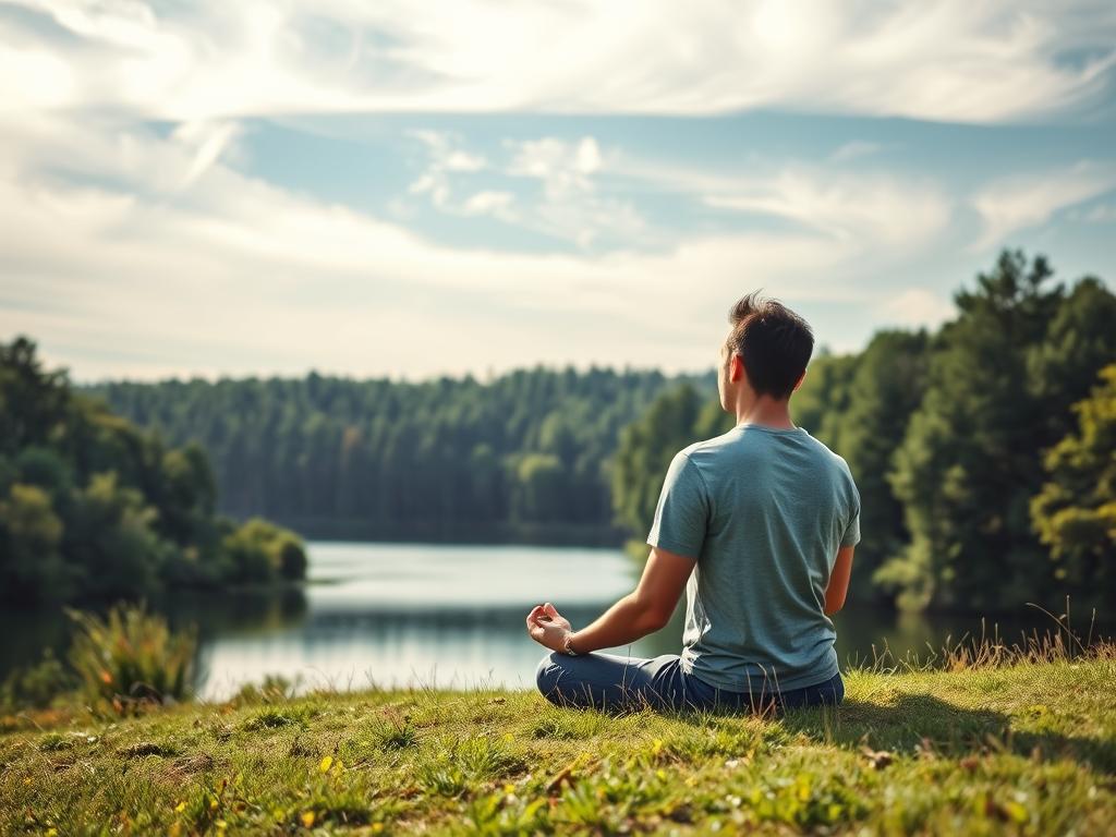 A serene and contemplative landscape, with a person sitting in a meditative pose on a grassy knoll overlooking a tranquil lake. The sky is filled with wispy clouds, casting a soft, diffused light across the scene. The person's eyes are closed, their expression one of inner focus and clarity. In the background, a forest of lush, verdant trees sways gently in the breeze, conveying a sense of harmony and balance. The overall atmosphere is one of introspection and the energy of self-reflection, capturing the essence of "mentalität energiefasten" - the journey towards personal vitality through the cultivation of mental and spiritual well-being.