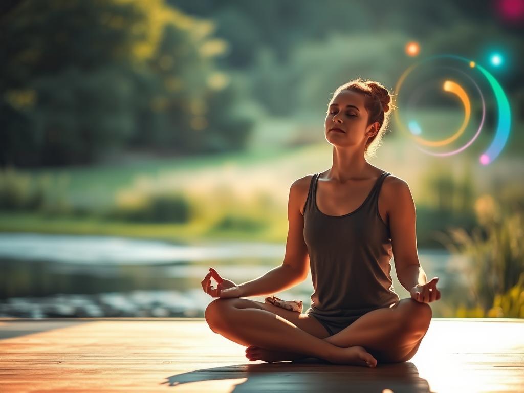 A serene and introspective scene of the "Energiefasten Prozess". In the foreground, a person sits cross-legged in a meditative pose, eyes closed, basking in the warm glow of a softly lit environment. The middle ground reveals a peaceful, natural setting with lush greenery and a tranquil body of water reflecting the surroundings. In the background, a sense of energy and vitality emanates, with subtle swirls of light and vibrant colors pulsing gently, symbolizing the transformative power of the fasting process. The overall atmosphere evokes a sense of balance, renewal, and a deep connection with one's inner self.