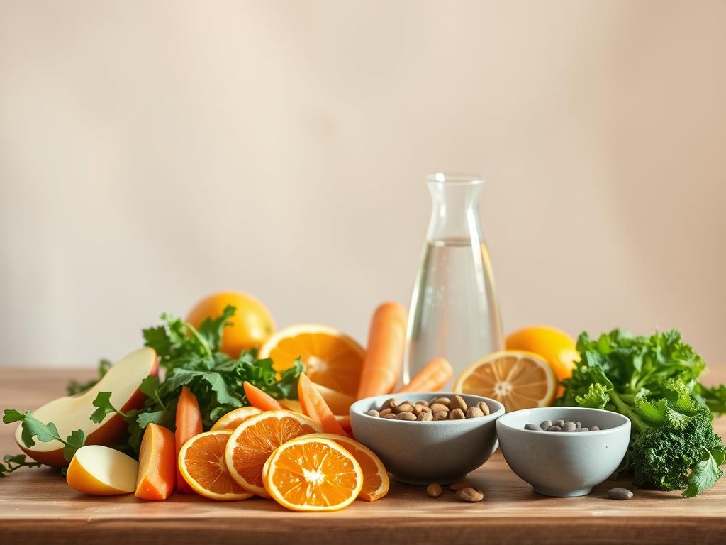 A serene and minimalist still life depicting a selection of healthy, wholesome foods associated with the practice of "Energiefasten". In the foreground, an arrangement of freshly sliced fruits and vegetables - crisp apples, juicy oranges, crunchy carrots, and leafy greens - arranged artfully on a wooden table. In the middle ground, a glass carafe filled with clear, rejuvenating water, alongside a simple ceramic bowl containing a selection of nuts and seeds. The background features a neutral, soft-focus backdrop, allowing the natural colors and textures of the foreground elements to take center stage. The overall scene is bathed in warm, natural lighting, creating a calming and nurturing atmosphere, reflective of the "Ernährung während des Energiefastens" experience.