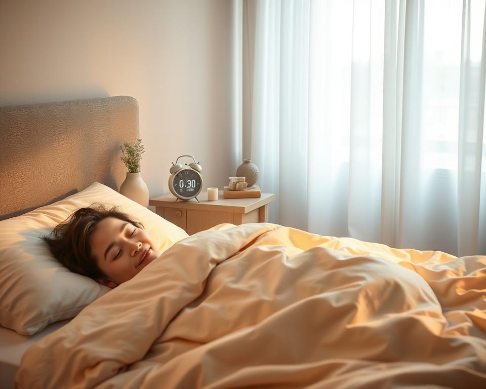 A serene bedroom environment illustrating optimal deep sleep for adults. In the foreground, a peaceful figure lies comfortably in a softly-lit bed, wrapped in cozy blankets with a content expression. The middle layer features a nightstand with a gentle alarm clock displaying the optimal sleep duration, surrounded by a few calming elements like a small plant and a book. In the background, subdued colors create a tranquil atmosphere, with curtains gently swaying as if a breeze flows through. The lighting is warm and inviting, highlighting the details while casting soft shadows. The scene conveys a sense of relaxation and the importance of restorative sleep, perfect for illustrating the concept of normal deep sleep duration for adults.