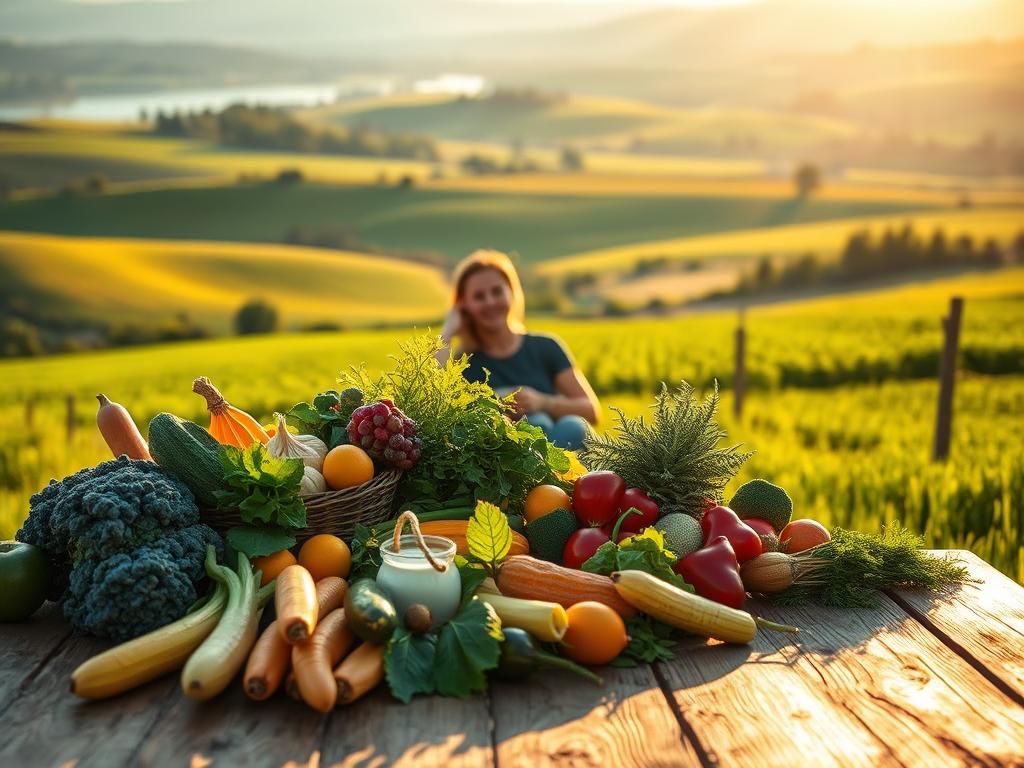 A serene countryside landscape in the Emsland region, showcasing the benefits of healthy eating. In the foreground, a bountiful harvest of fresh, organic produce is displayed on a rustic wooden table, bathed in warm, golden sunlight. In the middle ground, a person sits peacefully, enjoying a nourishing meal, their expression radiating contentment. In the background, rolling hills and lush, verdant fields stretch out, conveying a sense of tranquility and wellbeing. The scene is captured with a shallow depth of field, creating a soft, dreamlike atmosphere, emphasizing the harmony between the land, the food, and the individual's sense of Wohlbefinden.