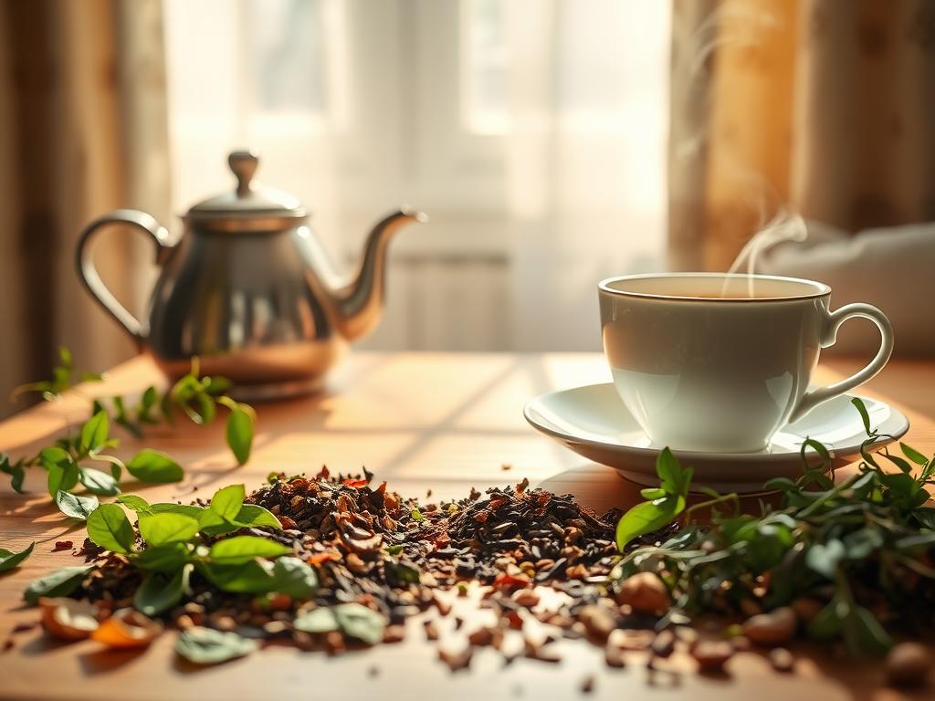 A serene, cozy kitchen scene with a delicate porcelain teacup and saucer set on a wooden table, accompanied by a steaming pot of herbal tea. The soft, natural light filters through linen curtains, casting a warm, inviting glow. In the foreground, a variety of dried tea leaves and fresh herbs are artfully arranged, showcasing the natural ingredients. The composition exudes a sense of tranquility and mindfulness, perfectly capturing the benefits of incorporating tea into an intermittent fasting routine.