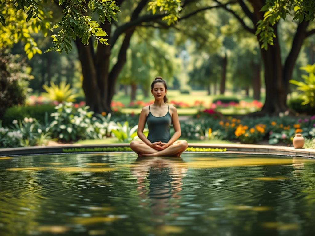 A serene garden oasis, with a central figure engaged in thoughtful meditation. The foreground features a tranquil pond, its surface gently rippled, reflecting the lush greenery surrounding it. In the middle ground, a person sits cross-legged, eyes closed, their expression radiating inner peace and mindfulness. Dappled sunlight filters through the canopy of trees, casting a warm, natural glow over the scene. The background is filled with a verdant landscape, with towering trees and vibrant flowers, creating a sense of boundless calm and rejuvenation. The overall atmosphere conveys the importance of mental well-being and the power of embracing the present moment.