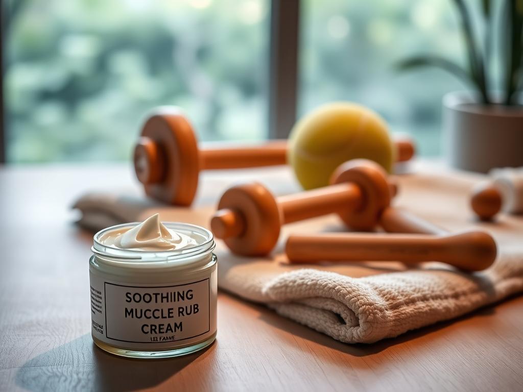 A serene home spa setting with a relaxed, therapeutic atmosphere. In the foreground, an open jar of soothing muscle rub cream, its contents glistening under the soft, indirect lighting. In the middle ground, a set of massage tools - a wooden roller, tennis balls, and a massage stick - arranged neatly on a plush towel. The background features a tranquil scene, perhaps a window overlooking a lush garden or a minimalist, calming interior design. The overall mood is one of comfort, care, and the relief of muscle tension. A serene home spa setting with a relaxed, therapeutic atmosphere. In the foreground, an open jar of soothing muscle rub cream, its contents glistening under the soft, indirect lighting. In the middle ground, a set of massage tools - a wooden roller, tennis balls, and a massage stick - arranged neatly on a plush towel. The background features a tranquil scene, perhaps a window overlooking a lush garden or a minimalist, calming interior design. The overall mood is one of comfort, care, and the relief of muscle tension.